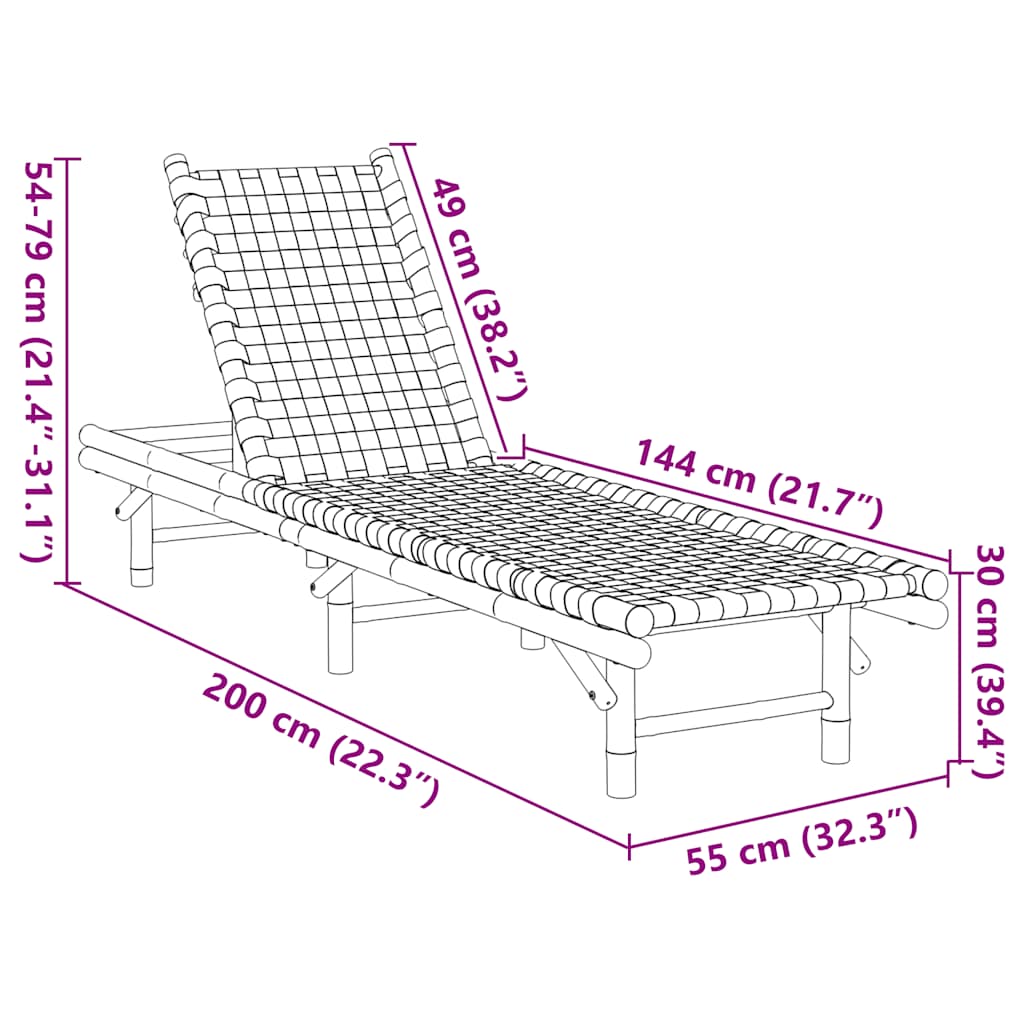 Ležaljka za sunčanje s crnim tkanim trakama 55x200x30 cm bambus