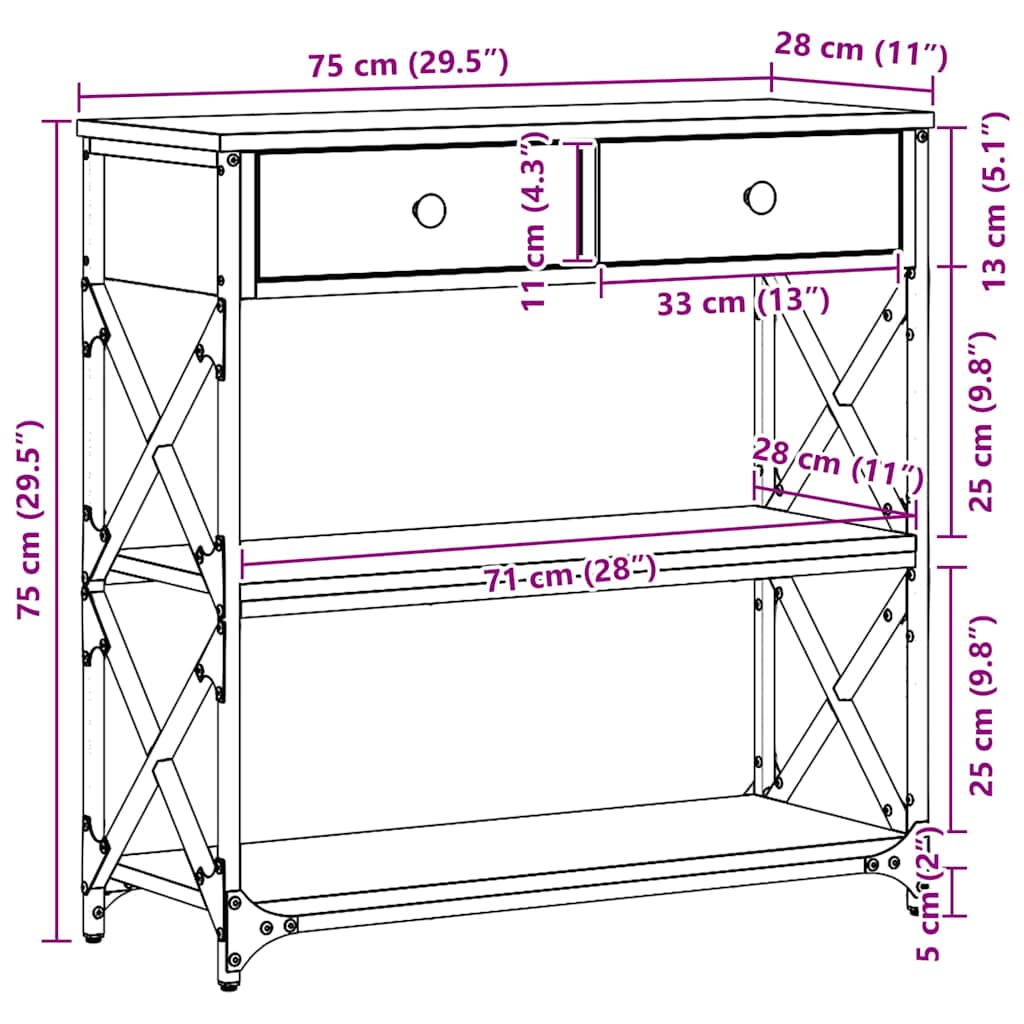 Konzolna stolica s ladicama Staro drvo 75 x 28 x 75 cm