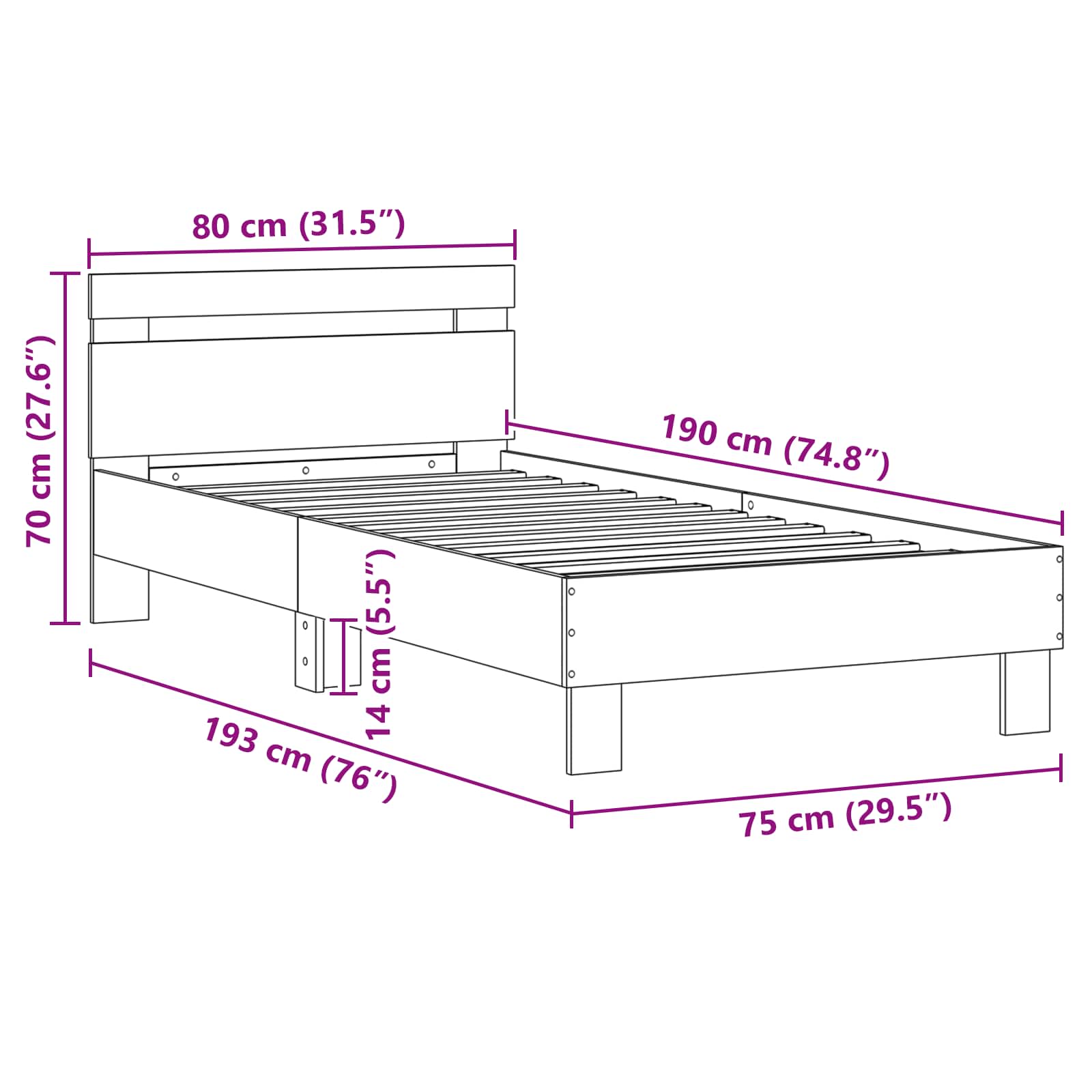 Krevetna konstrukcija Crni hrast 75 x 190 cm Konstruirano drvo