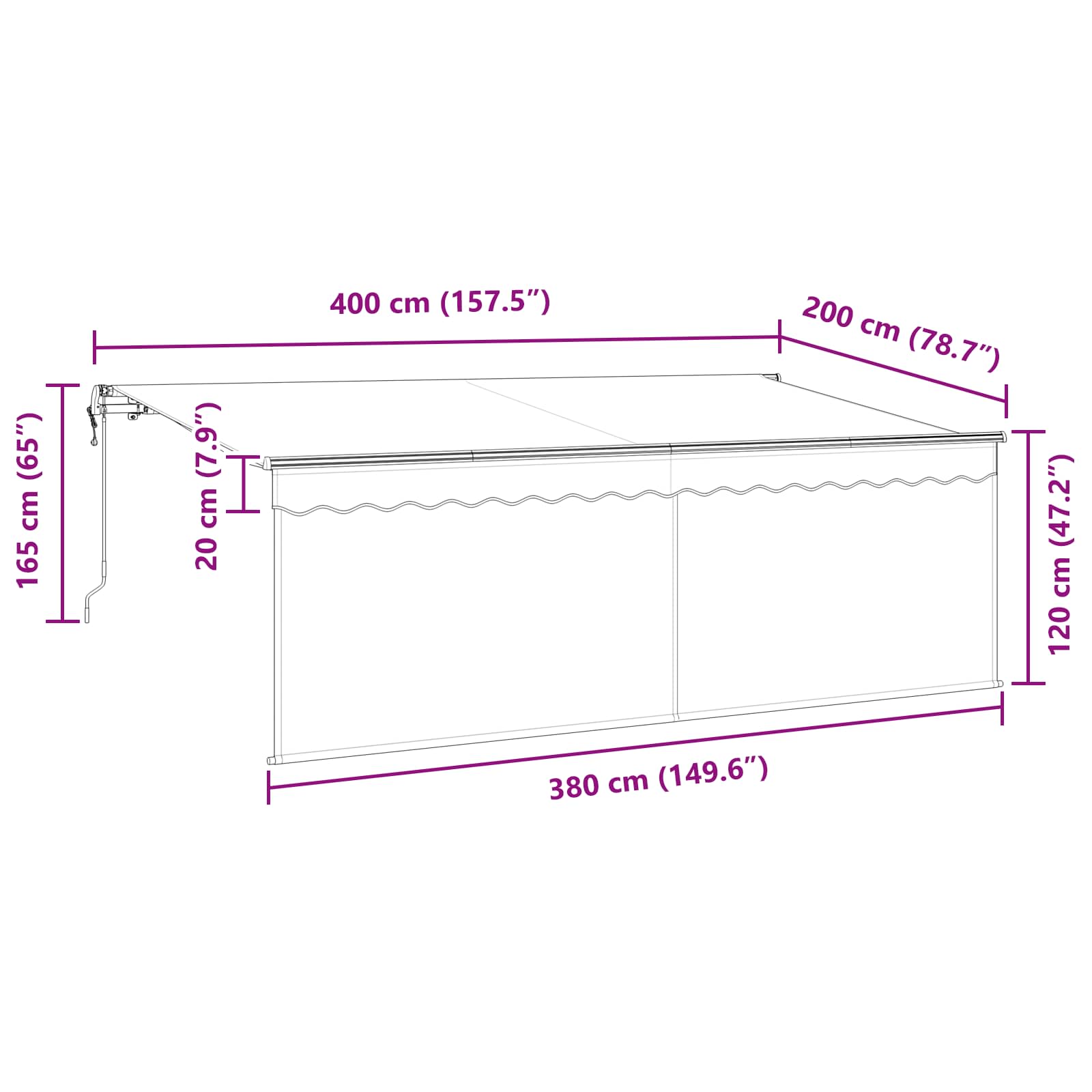 Skrovita tenda Krema 400 x 200 cm Poliester i aluminij