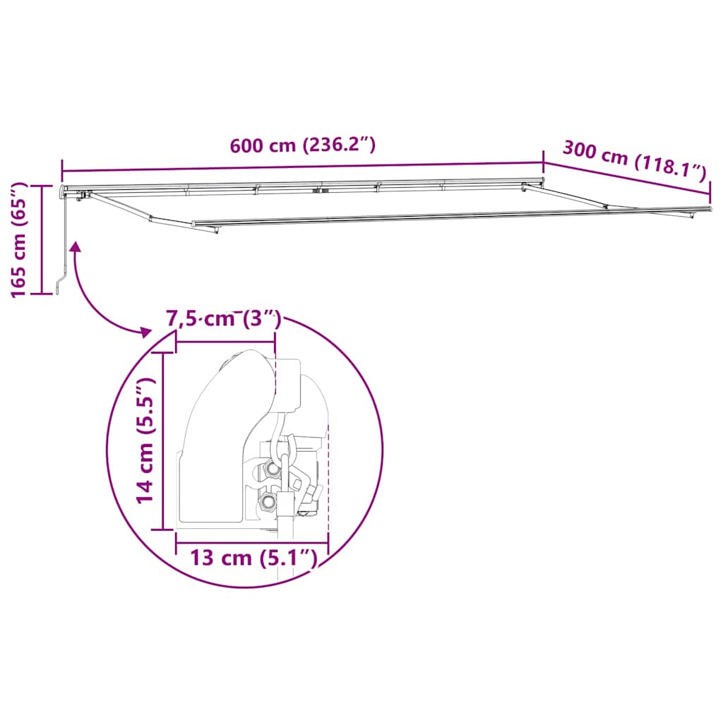 Skrovita tenda Bež 600 × 300 cm Poliester i aluminij
