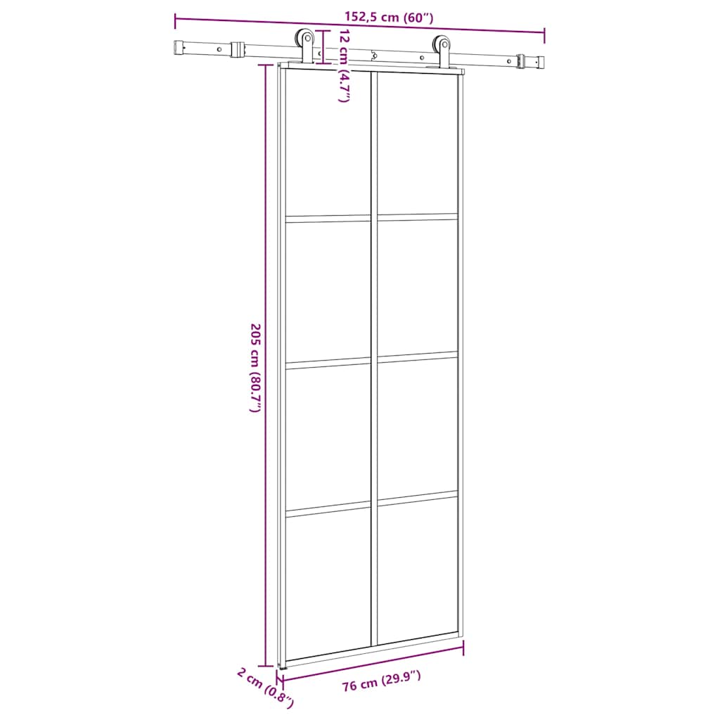 Klizna vrata s priborom 76 x 205 cm od ESG stakla i aluminija