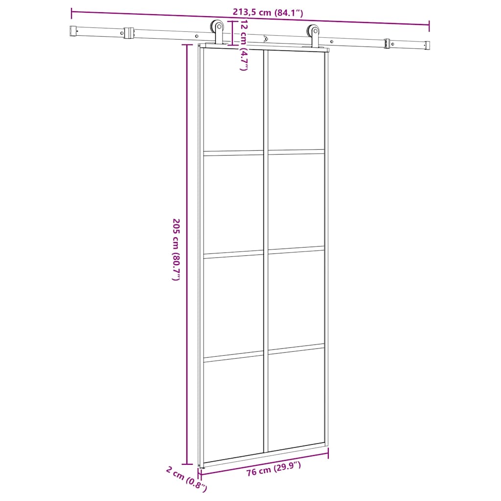 Klizna vrata s priborom 76 x 205 cm od ESG stakla i aluminija