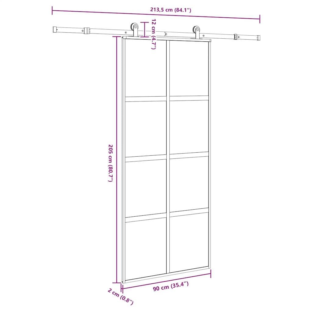 Klizna vrata s priborom 90 x 205 cm kaljeno staklo i aluminij