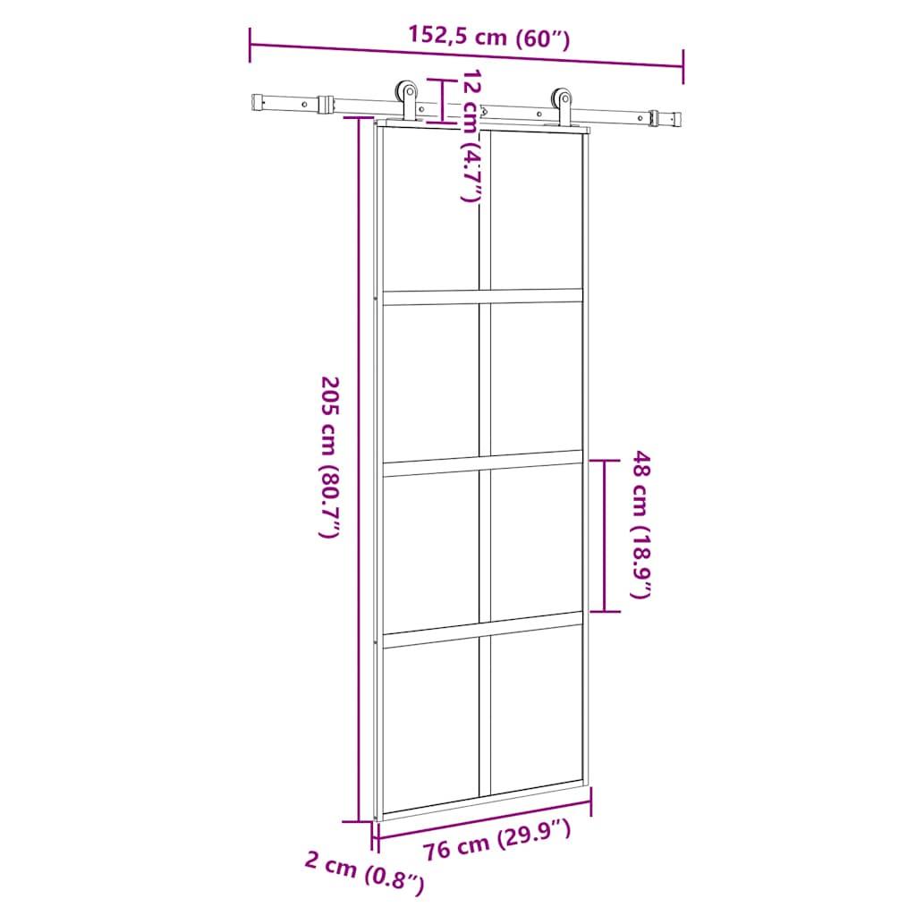 Klizna vrata s priborom 76 x 205 cm kaljeno staklo i aluminij