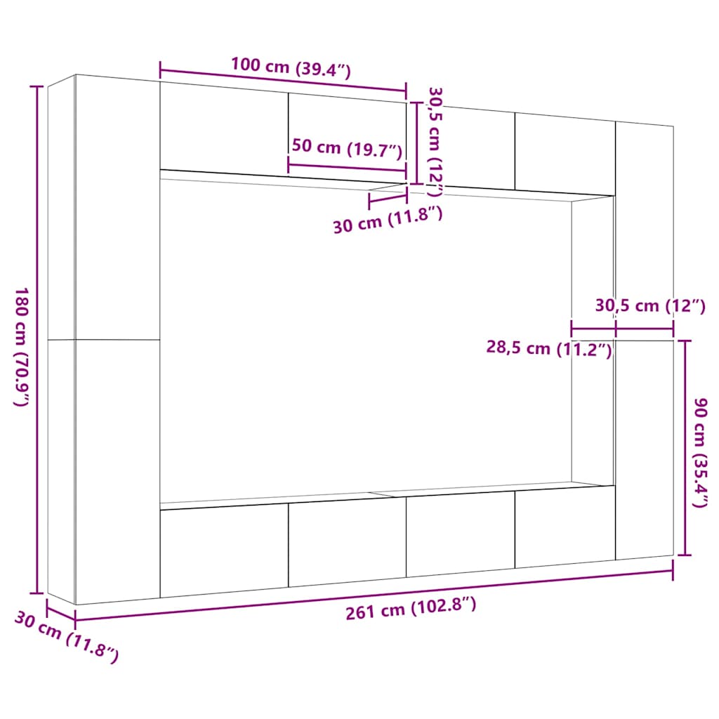 Set TV komoda Zidne 8 pcs Crni hrast 100 x 30 x 30 cm