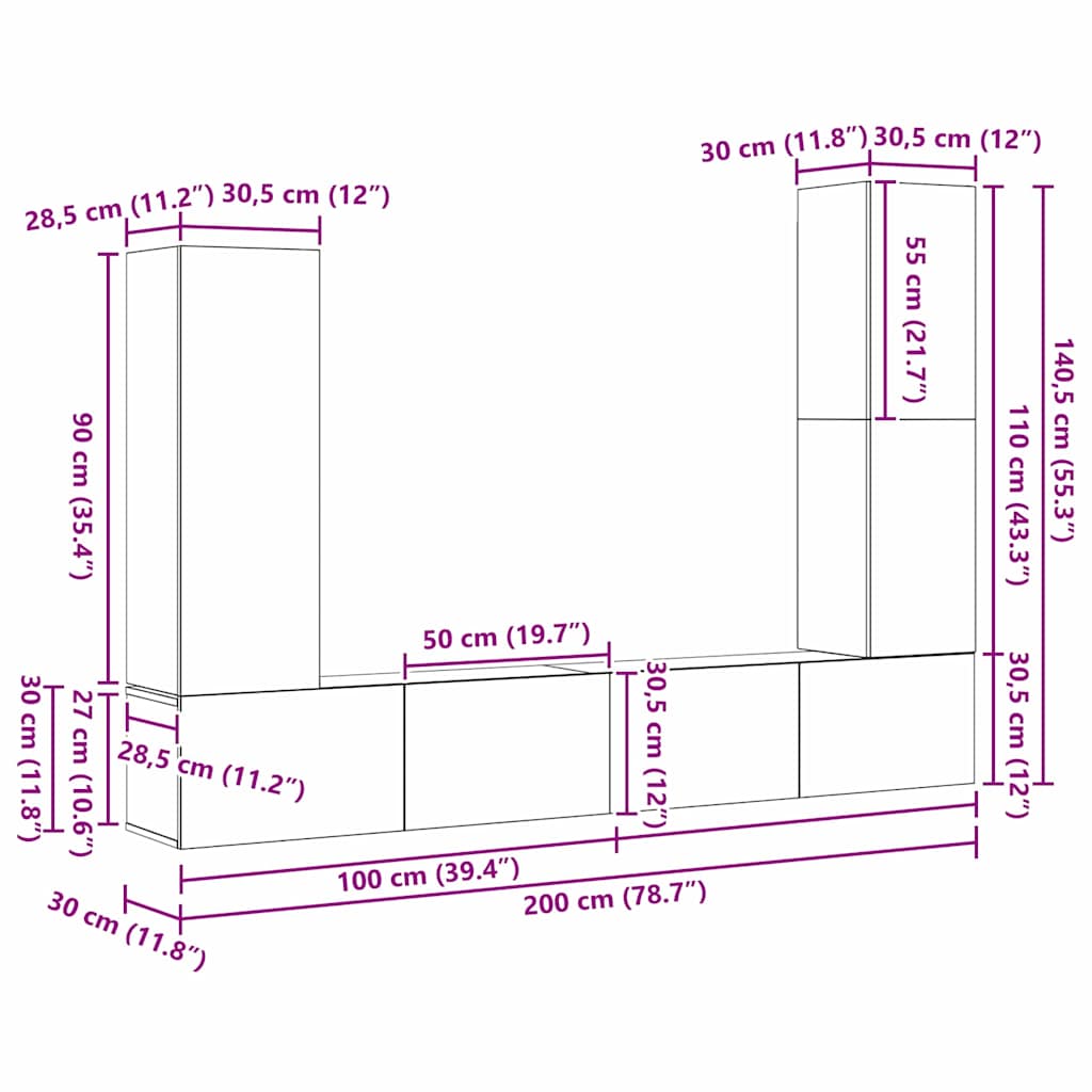 Set TV komoda Zidne 4 pcs Crni hrast Konstruirano drvo