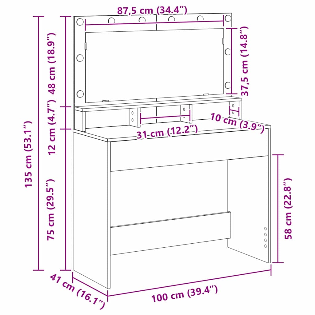 Toaletni stol s policom Dimljeni hrast 100 x 41 x 135 cm