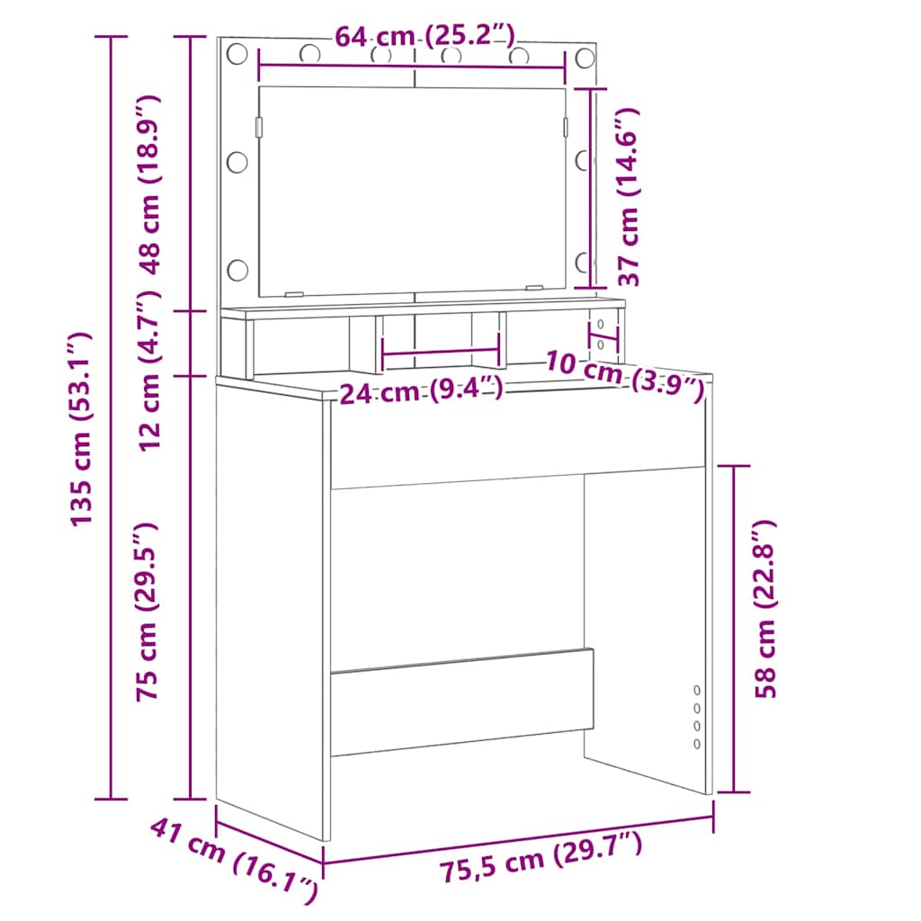 Toaletni stol s policom Dimljeni hrast 75,5 x 41 x 135 cm