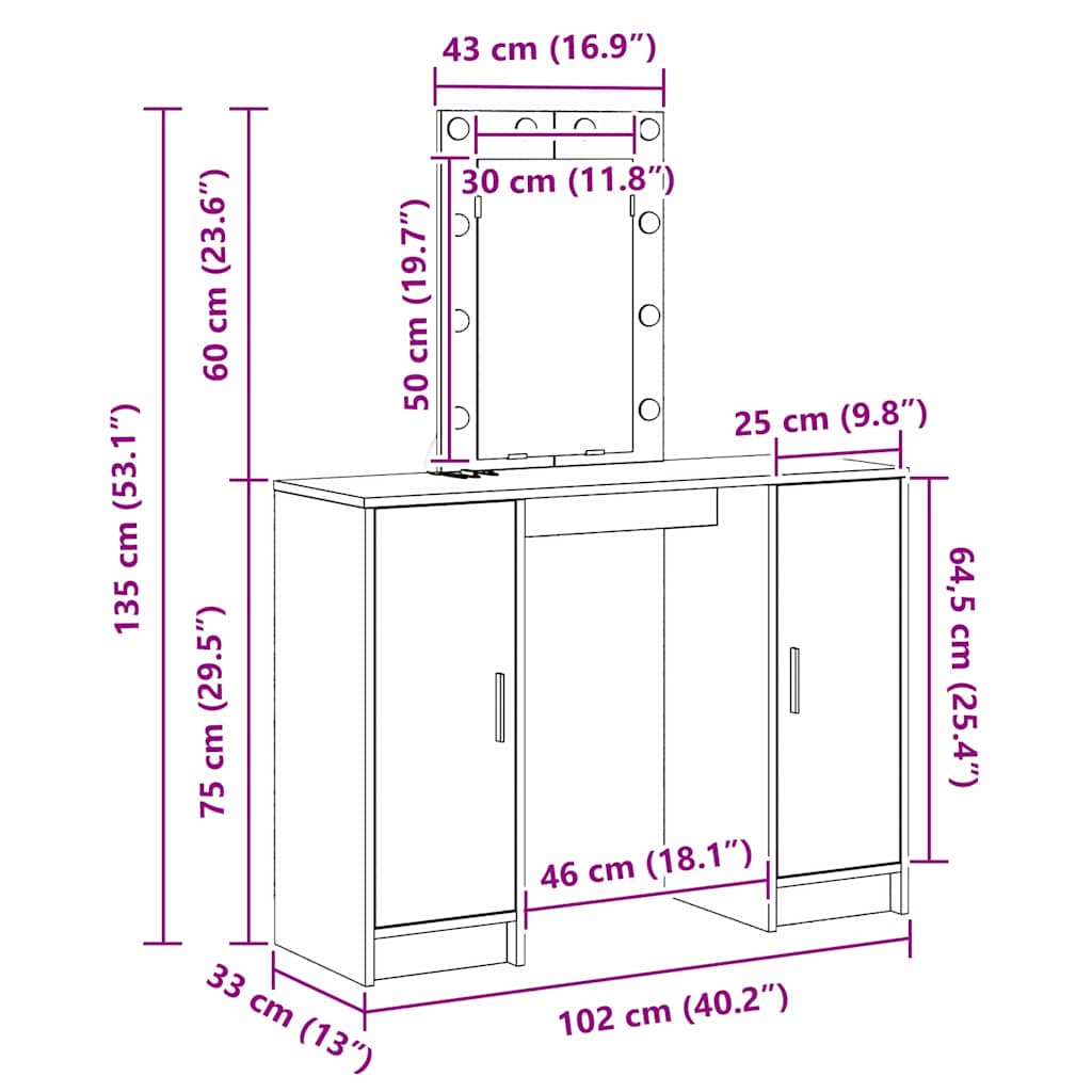Toaletni stol Svijetlo siva 102 x 33 x 135 cm Konstruirano drvo