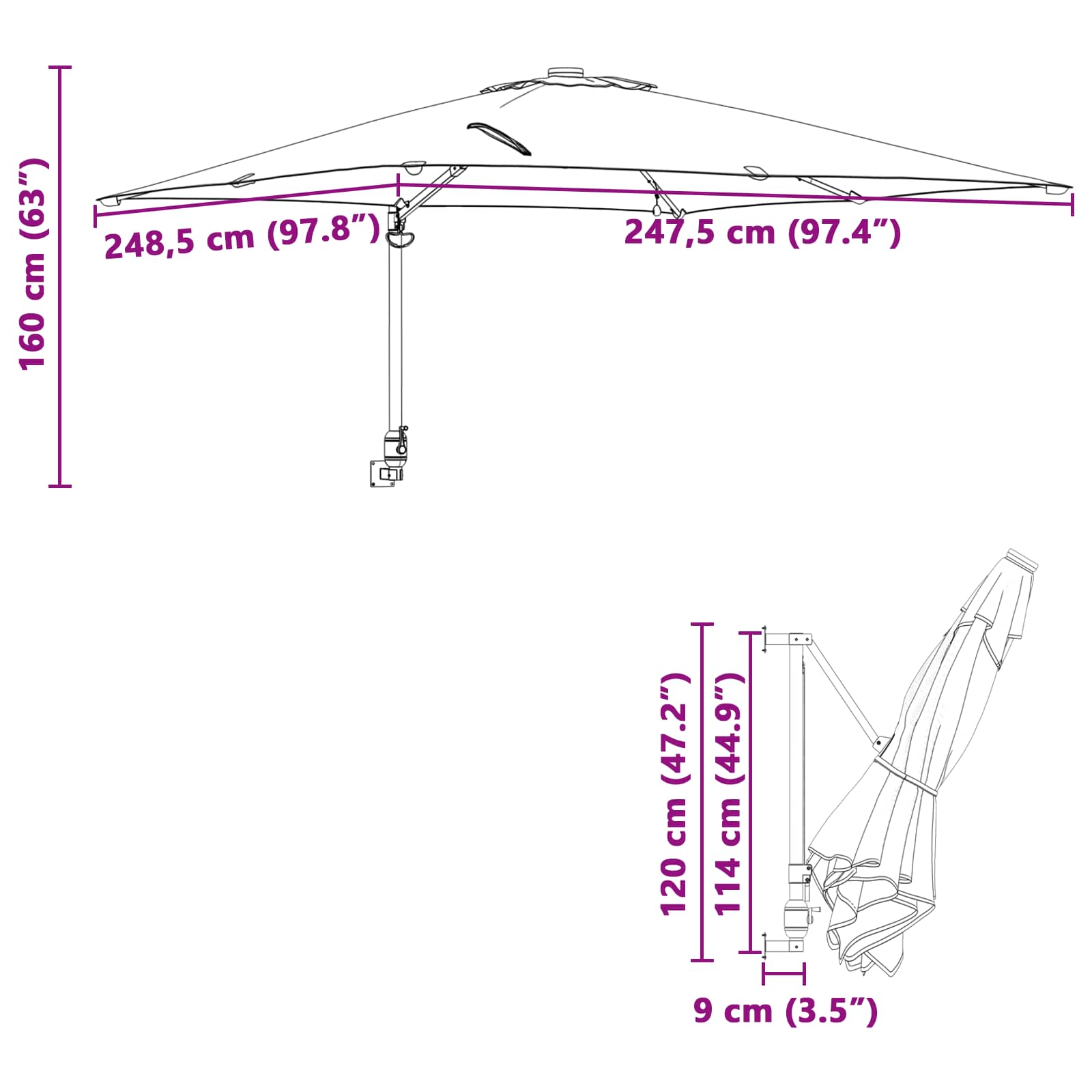 Vrtni suncobran S LED lampica Sivo-smeđa 248,5 x 247,5 x 160 cm