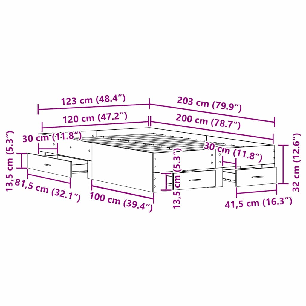 Krevetna konstrukcija s ladicama Umjetnički hrast 120 x 200 cm