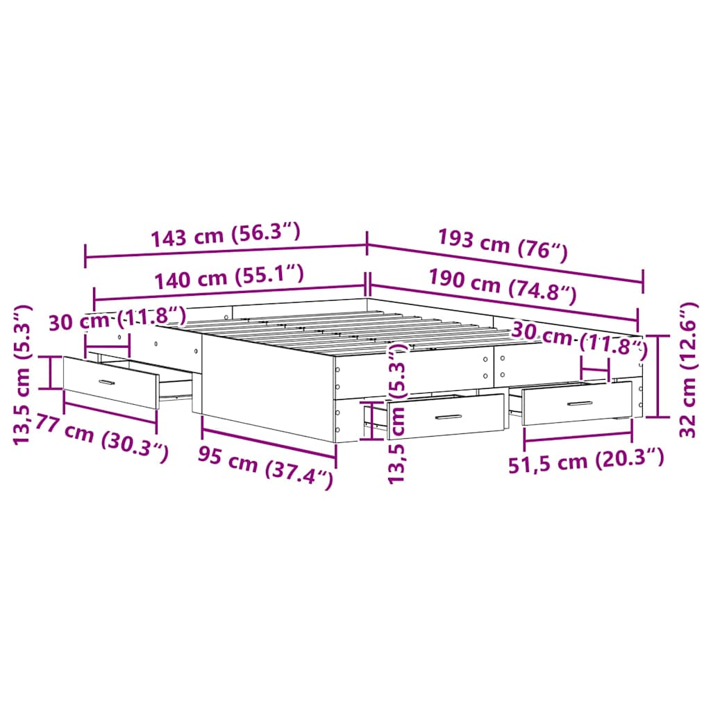Krevetna konstrukcija Crni hrast 140 x 190 cm Konstruirano drvo