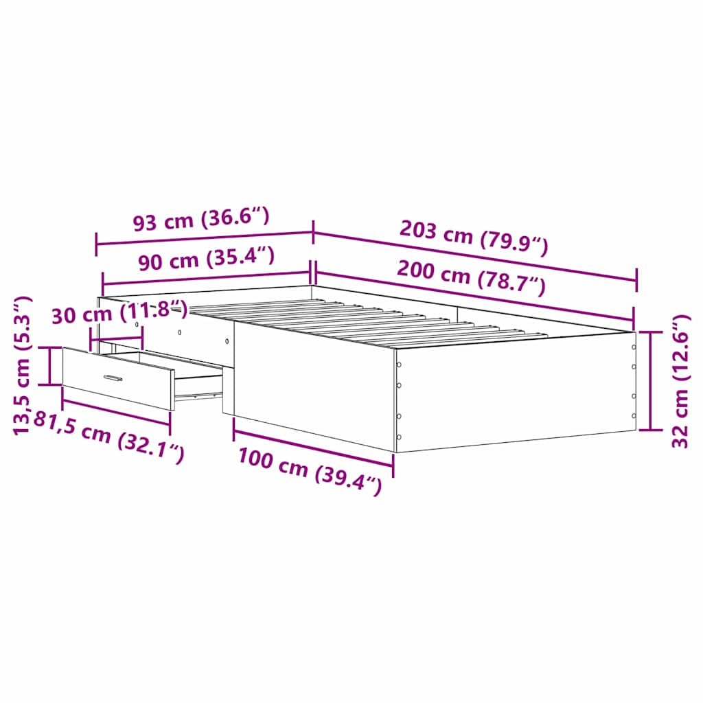 Krevetna konstrukcija s ladicama Umjetnički hrast 90 x 200 cm