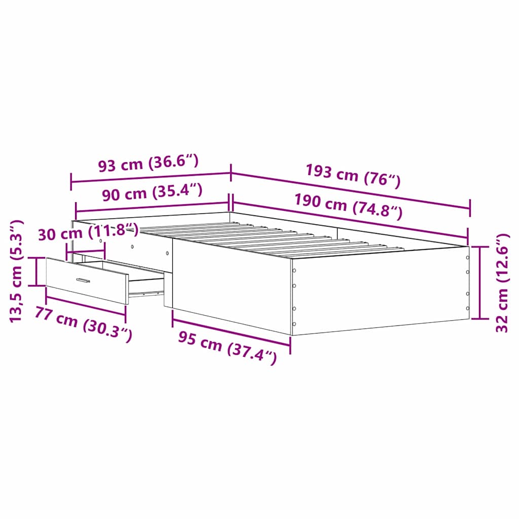 Krevetna konstrukcija Crni hrast 90 x 190 cm Konstruirano drvo