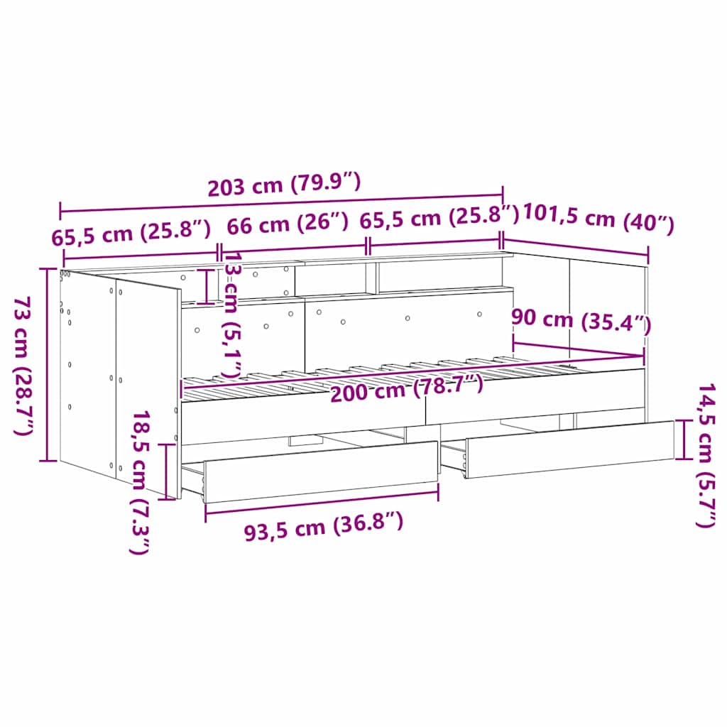 Krevet na dan Crni hrast 90 x 200 cm Konstruirano drvo