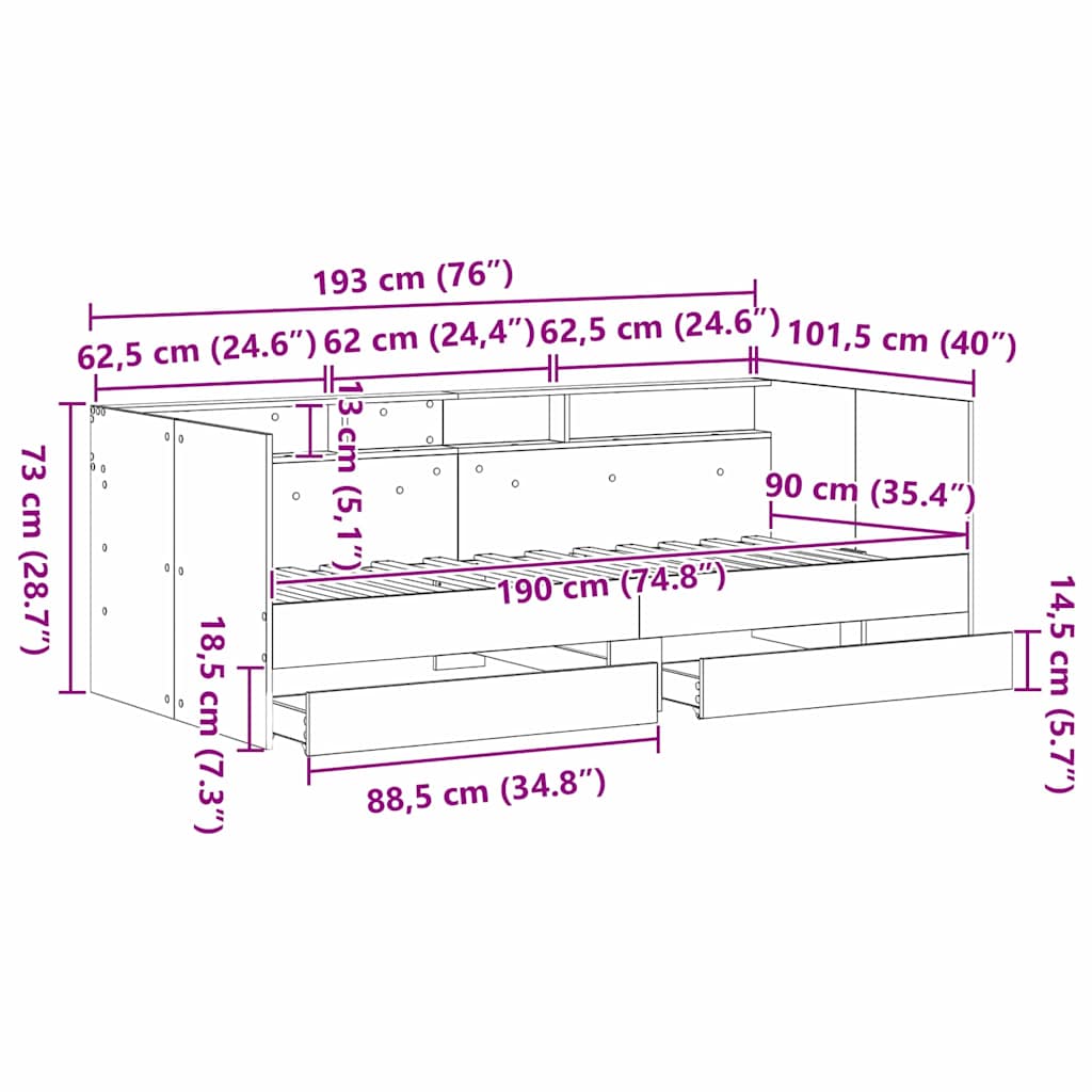 Krevet na dan Crni hrast 90 x 190 cm Konstruirano drvo
