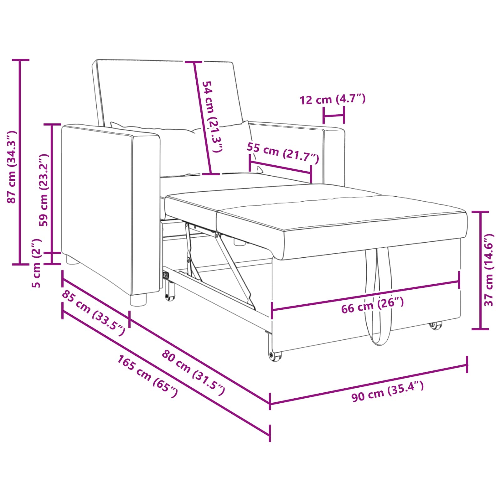 Sofa na razvlačenje Singl Svjetlosiva 90 x 165 x 87 cm tkanina