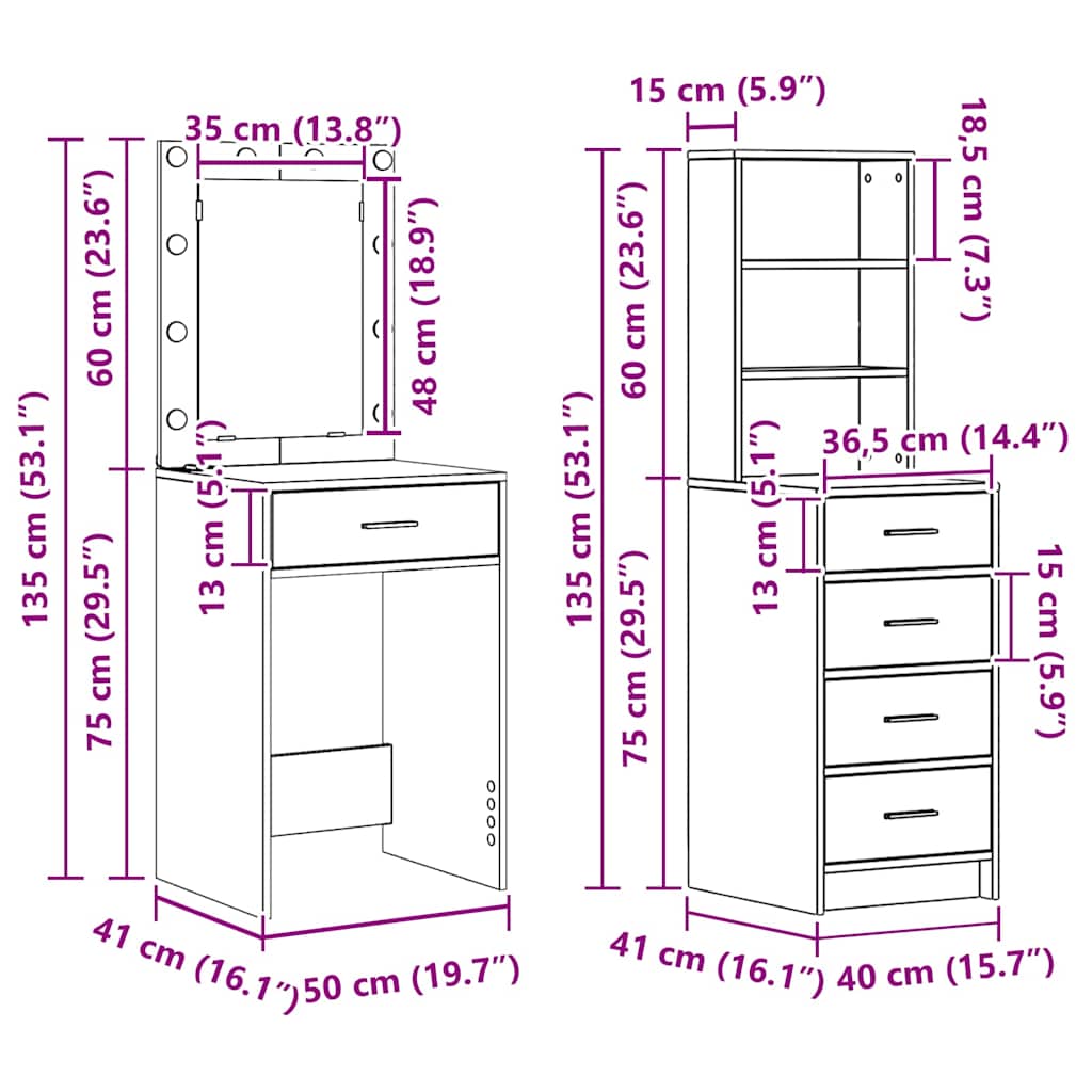 Toaletni stol 2 pcs Smeđa 50 x 41 x 135 cm Konstruirano drvo