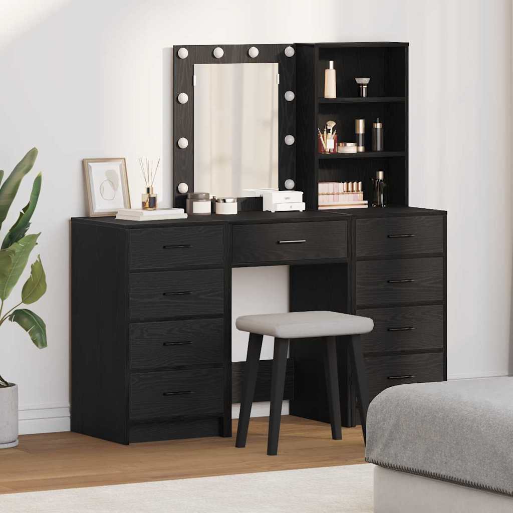 Toaletni stol s zrcalnim svjetlima 3 pcs Crna Konstruirano drvo