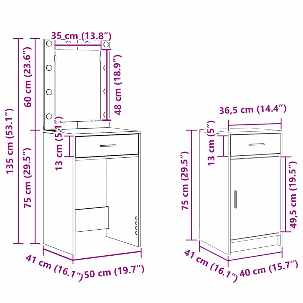 Toaletni stol 2 pcs Siva 50 x 41 x 135 cm Konstruirano drvo