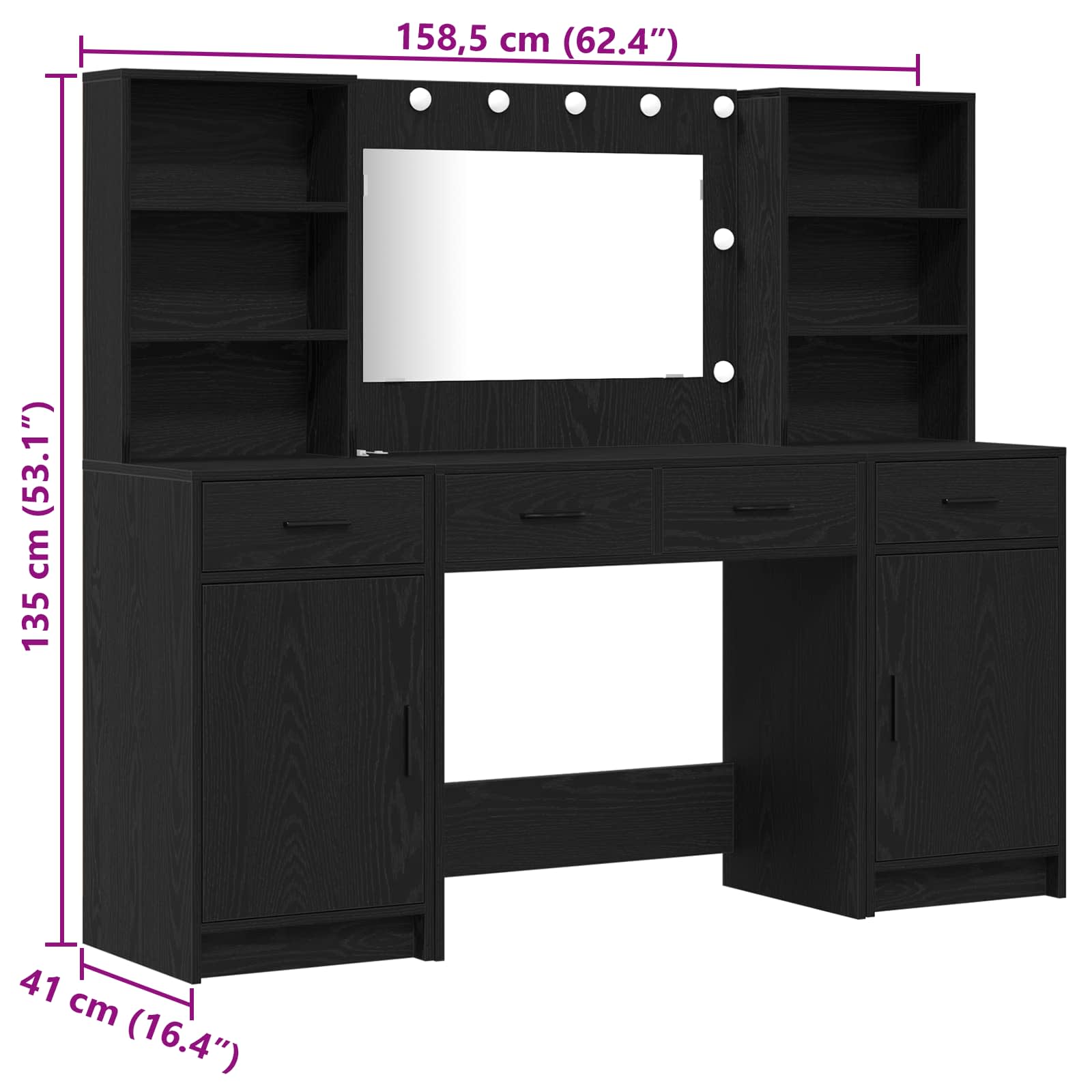 Set stola za oblačenje s LED 3 pcs Crni hrast Konstruirano drvo