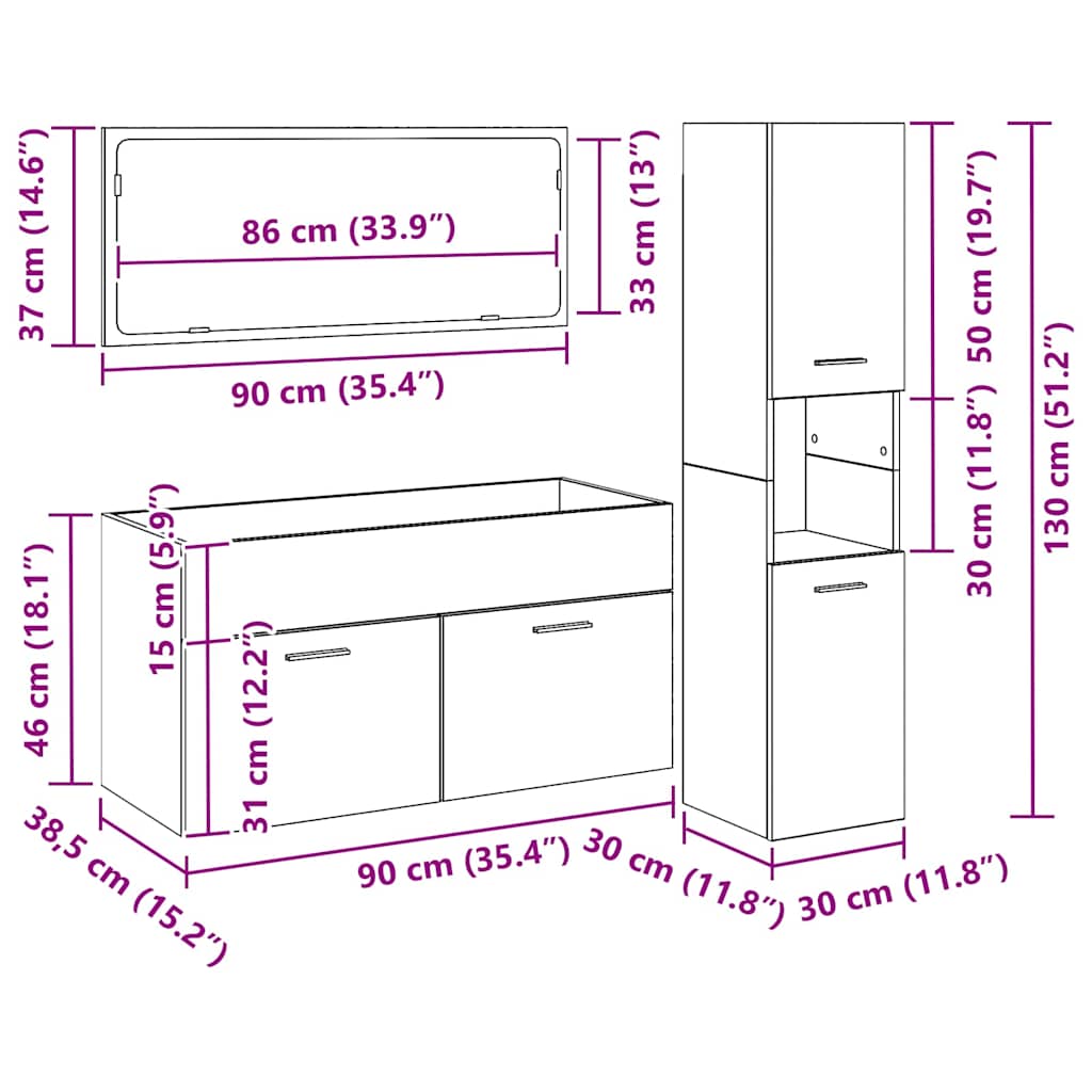 Set namještaja za kupaonicu 3 pcs Crni hrast Konstruirano drvo