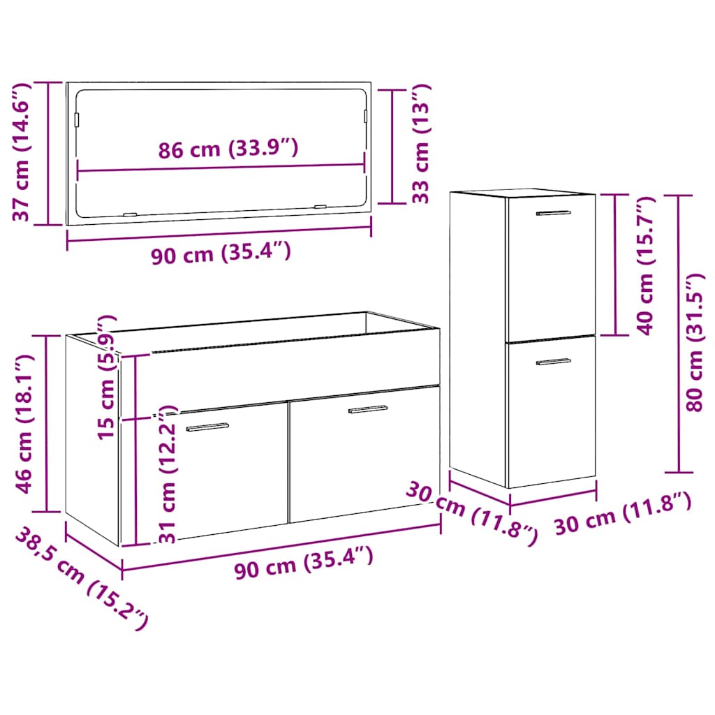 Set namještaja za kupaonicu 3 pcs Crni hrast Konstruirano drvo