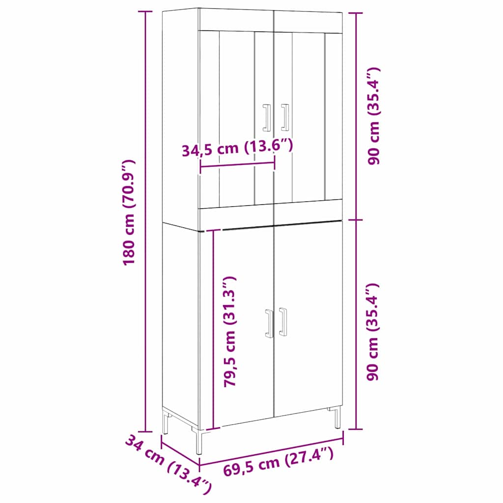 Highboard 2 pcs Staro drvo 69,5 x 34 x 180 cm Konstruirano drvo