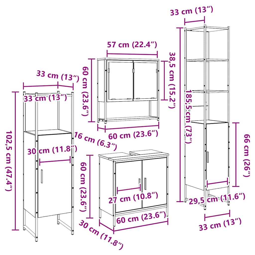 Set namještaja za kupaonicu 4 pcs Smeđa 33 x 33 x 185.5 cm