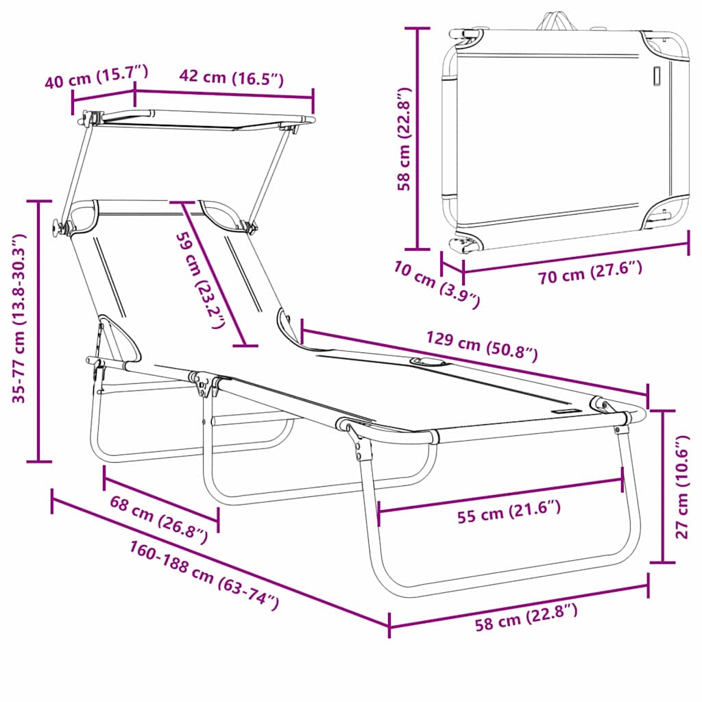 Ležaljka 2 pcs Crna 58 x 188 x 77cm Poliester