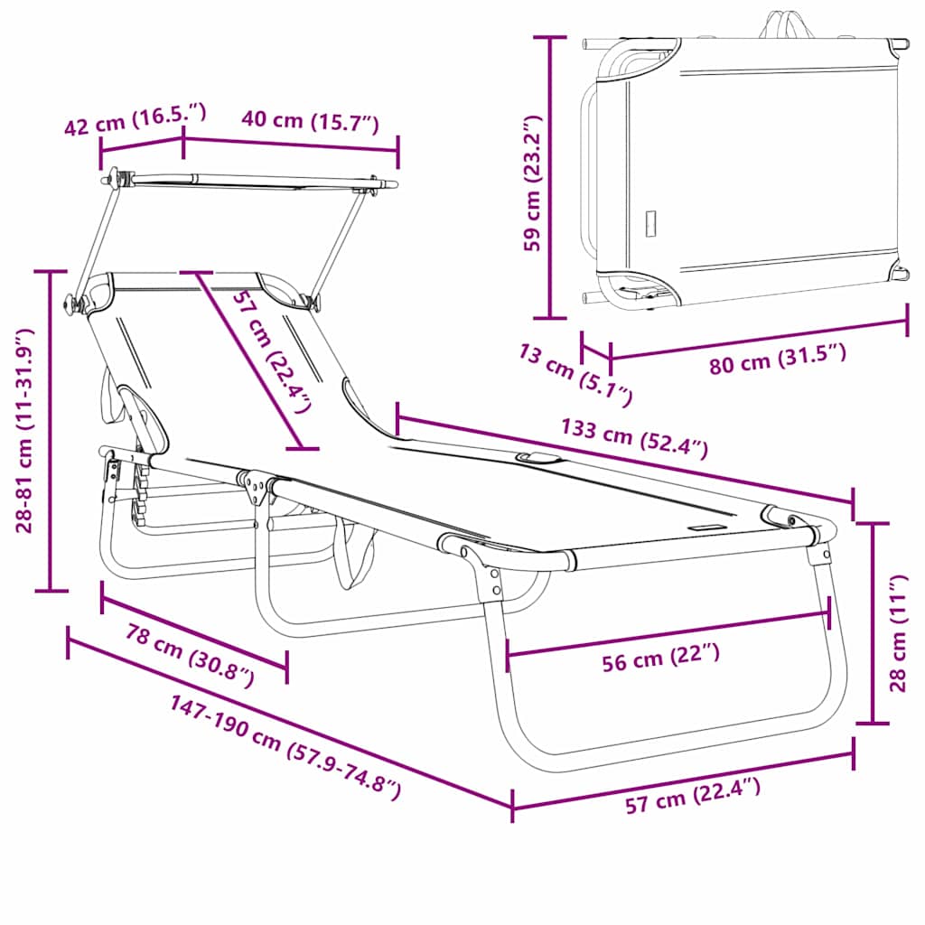 Sklopiva ležaljka za sunčanje Crna 190 x 57 x 81 cm oxford