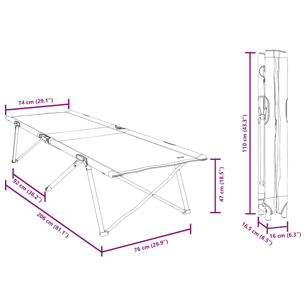 Sklopivi kamperski krevet 2 pcs Crna 206 x 76 x 74 cm