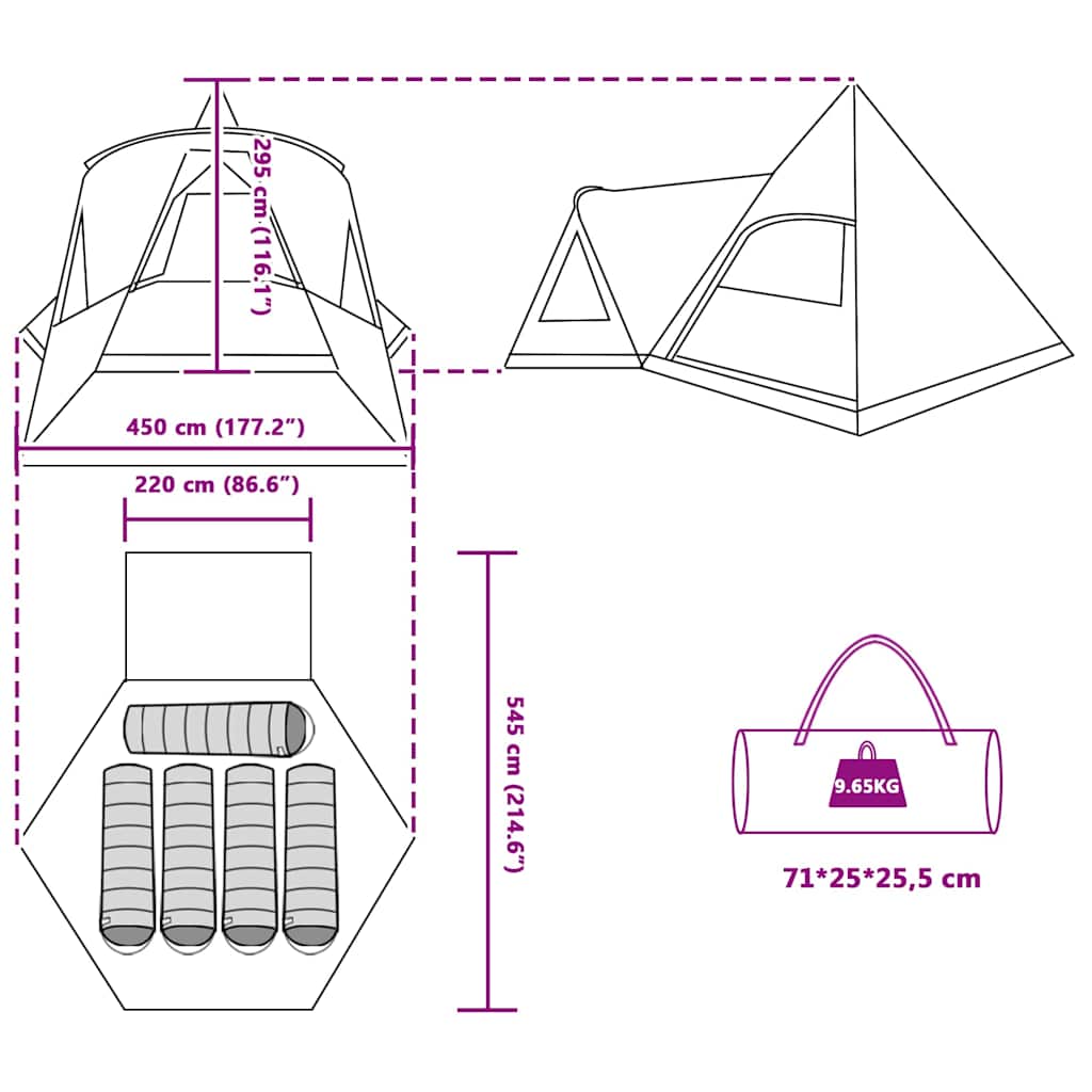 Šator Teepee za 5 osoba s krovom Zelena 545 x 450 x 295 cm