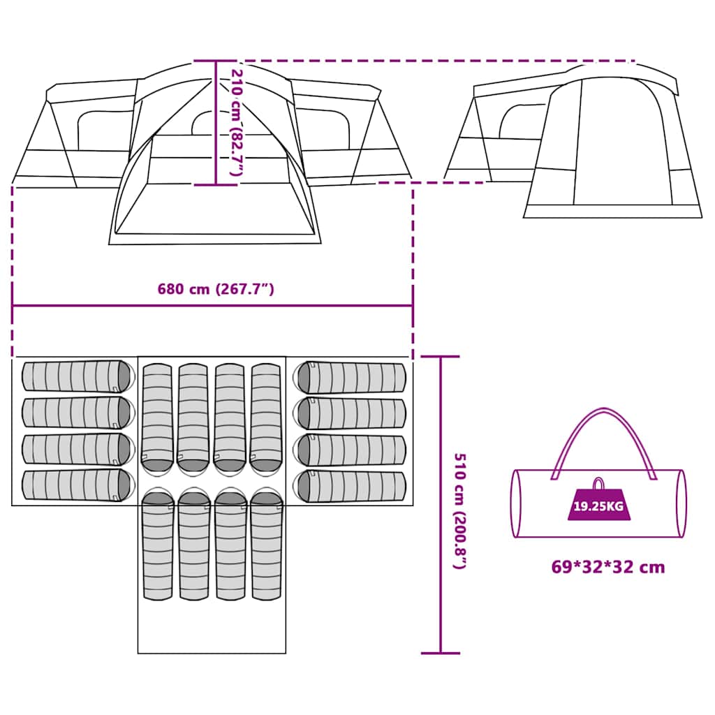 Šator za 16 osoba s krovom s pohranom Plava 680 x 510 x 210 cm