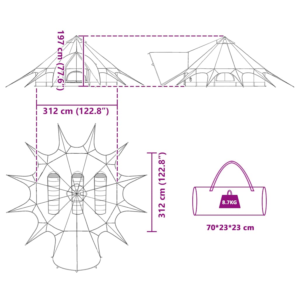 Teepee šator za 3 osobe Zelena i Siva 312 x 312 x 197 cm