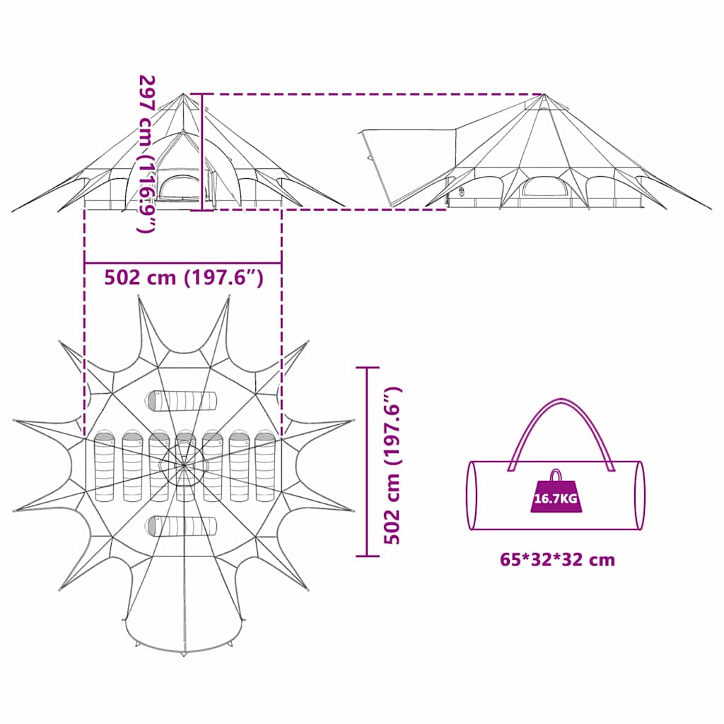Teepee šator za 9 osoba Zelena i Siva 502 x 502 x 297 cm