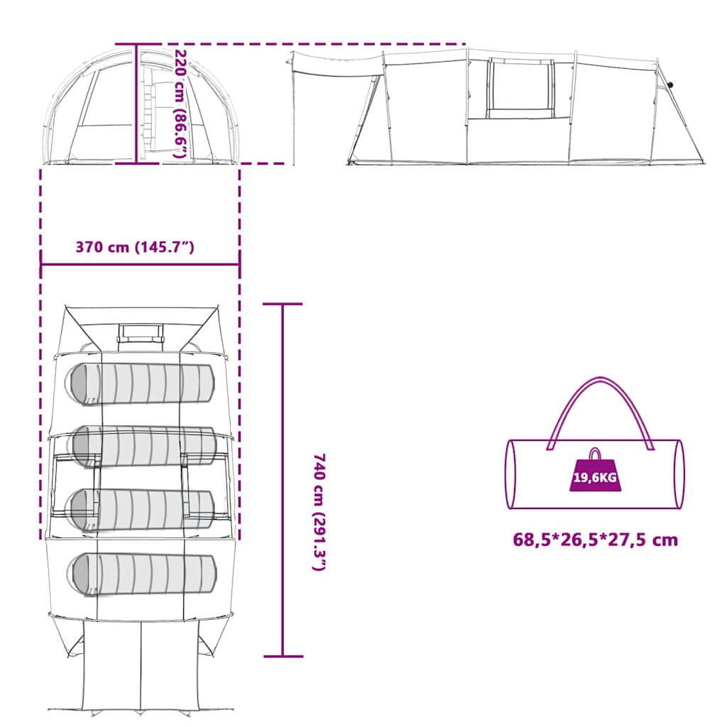 Tunelski šator za 4 osobe Siva i narančasta 740 x 370 x 220 cm
