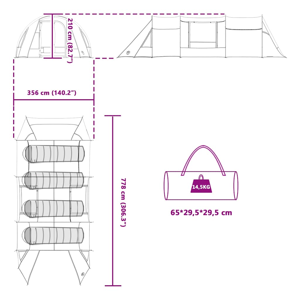 Tunelski šator za 4 osobe Plava i siva 778 x 356 x 210 cm