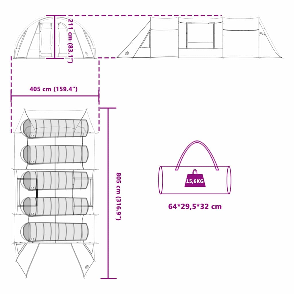 Tunelska šatora za 5 osoba Plava i siva 805 x 405 x 211 cm