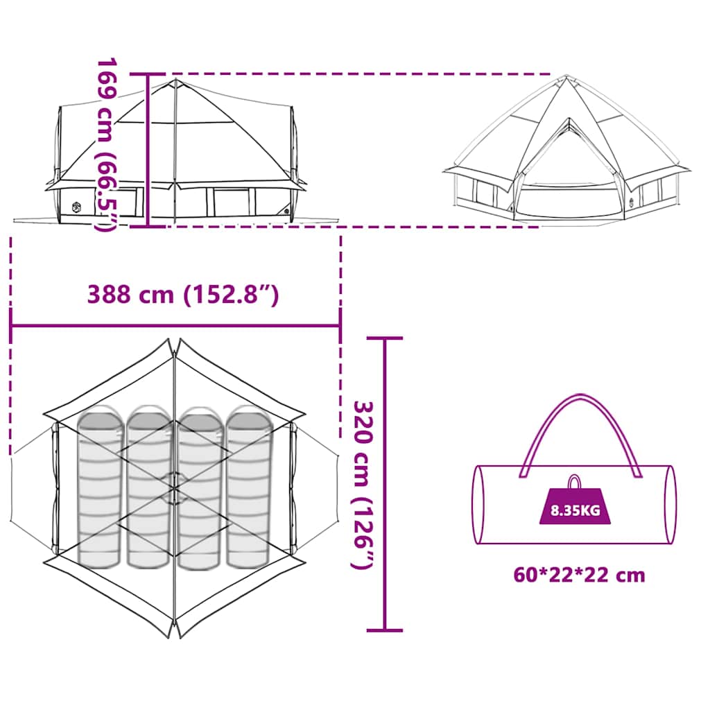 Tenda za 4 osobe s krovom Plava i siva 388 x 320 x 169 cm
