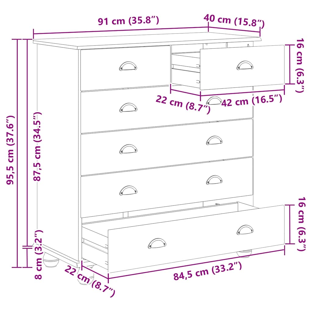 Komoda ASKIM Bijelo 91 x 40 x 95,5 cm Čvrsto borovo drvo