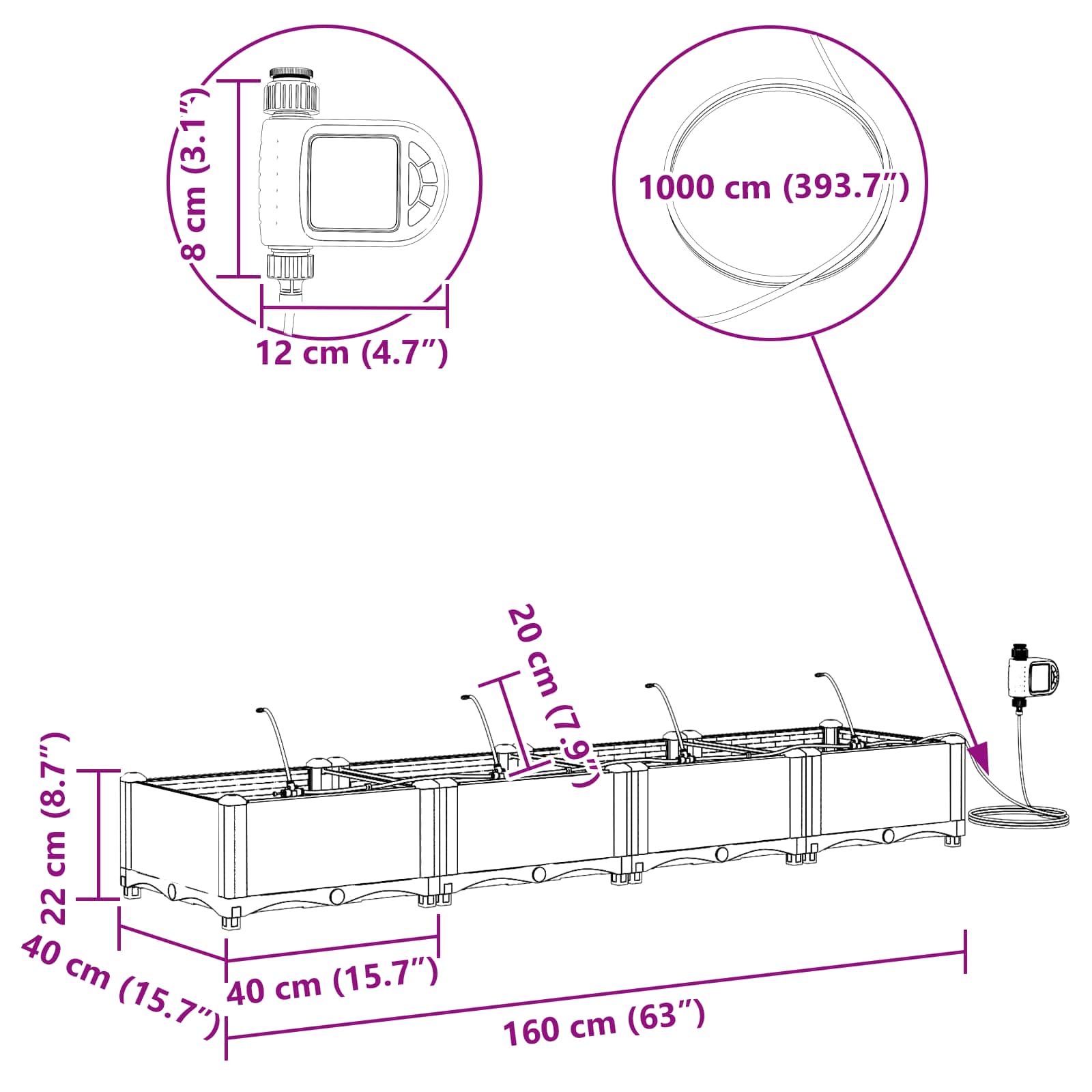 Vrtna saksija 4 pcs Sivi 160 x 40 x 22 cm Plastika