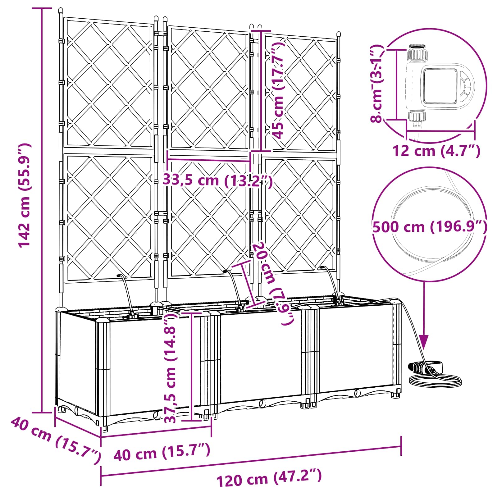 Vrtna saksija 3 pcs Sivi 120 x 40 x 142 cm Plastika