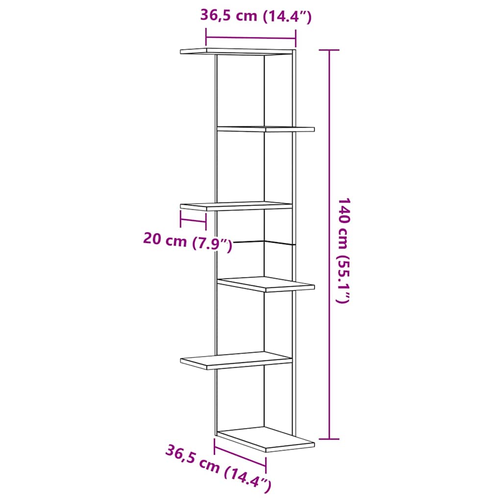 Police za kutne zidne s policom Crni hrast 36.5 x 36.5 x 140 cm