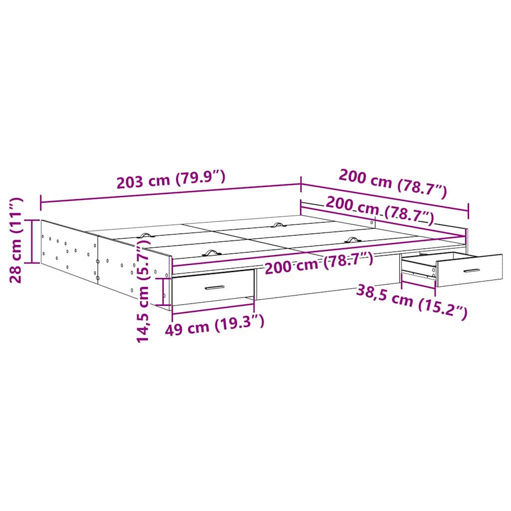 Krevet s ladicama s uzglavljem Umjetnički hrast 200 x 200 cm