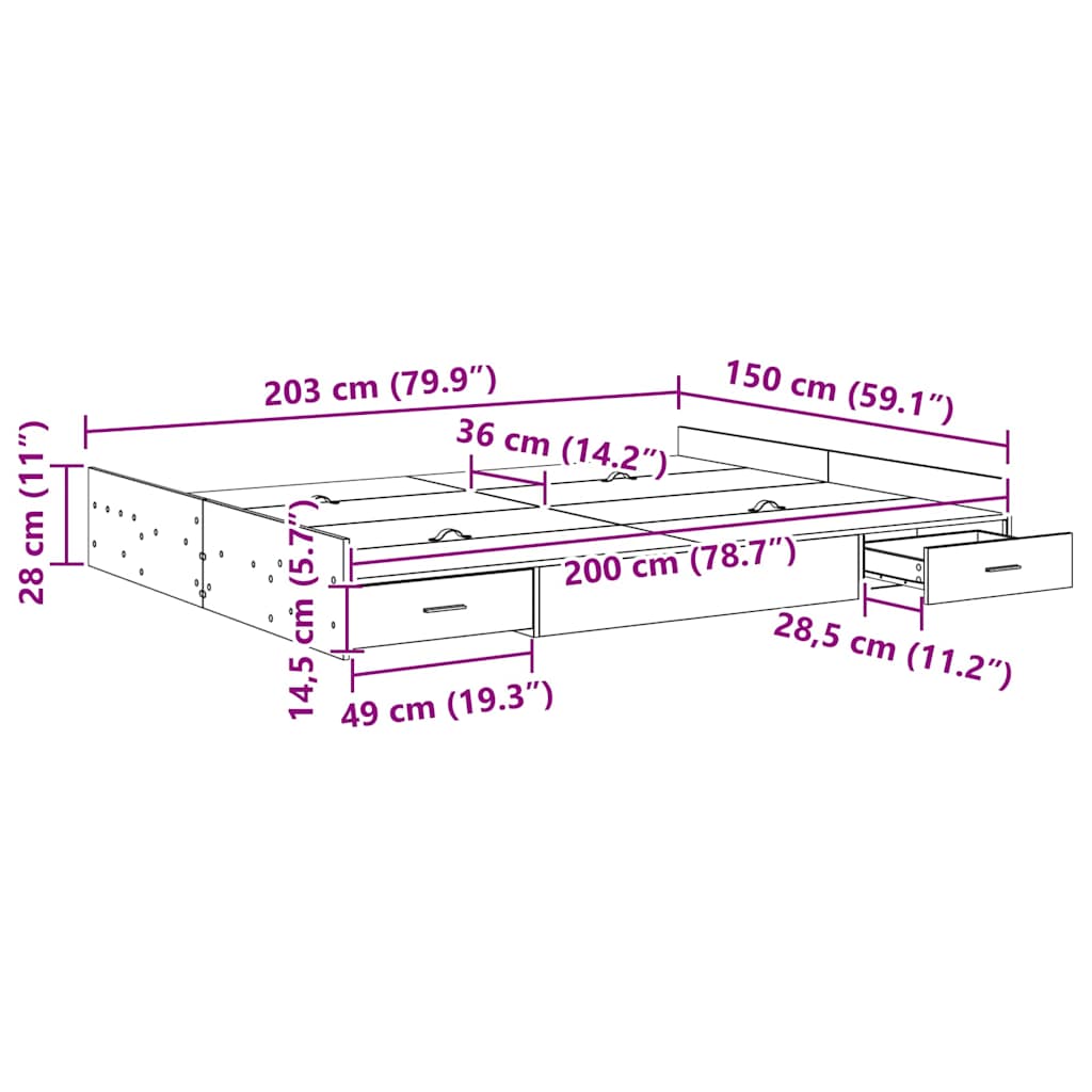 Krevet s ladicama Siva Sonoma 150 x 200 cm Konstruirano drvo
