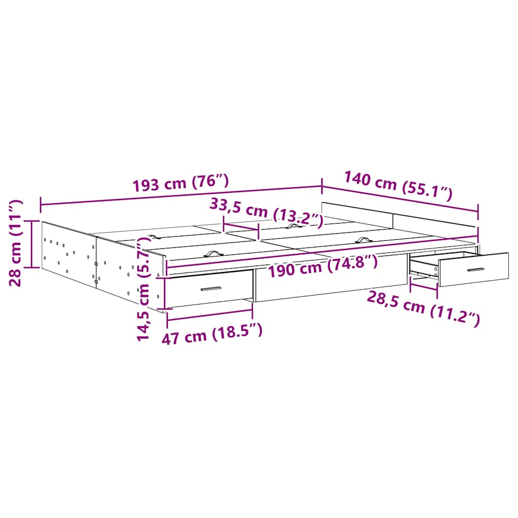 Krevet s ladicama Dimljeni hrast 140 x 190 cm Konstruirano drvo