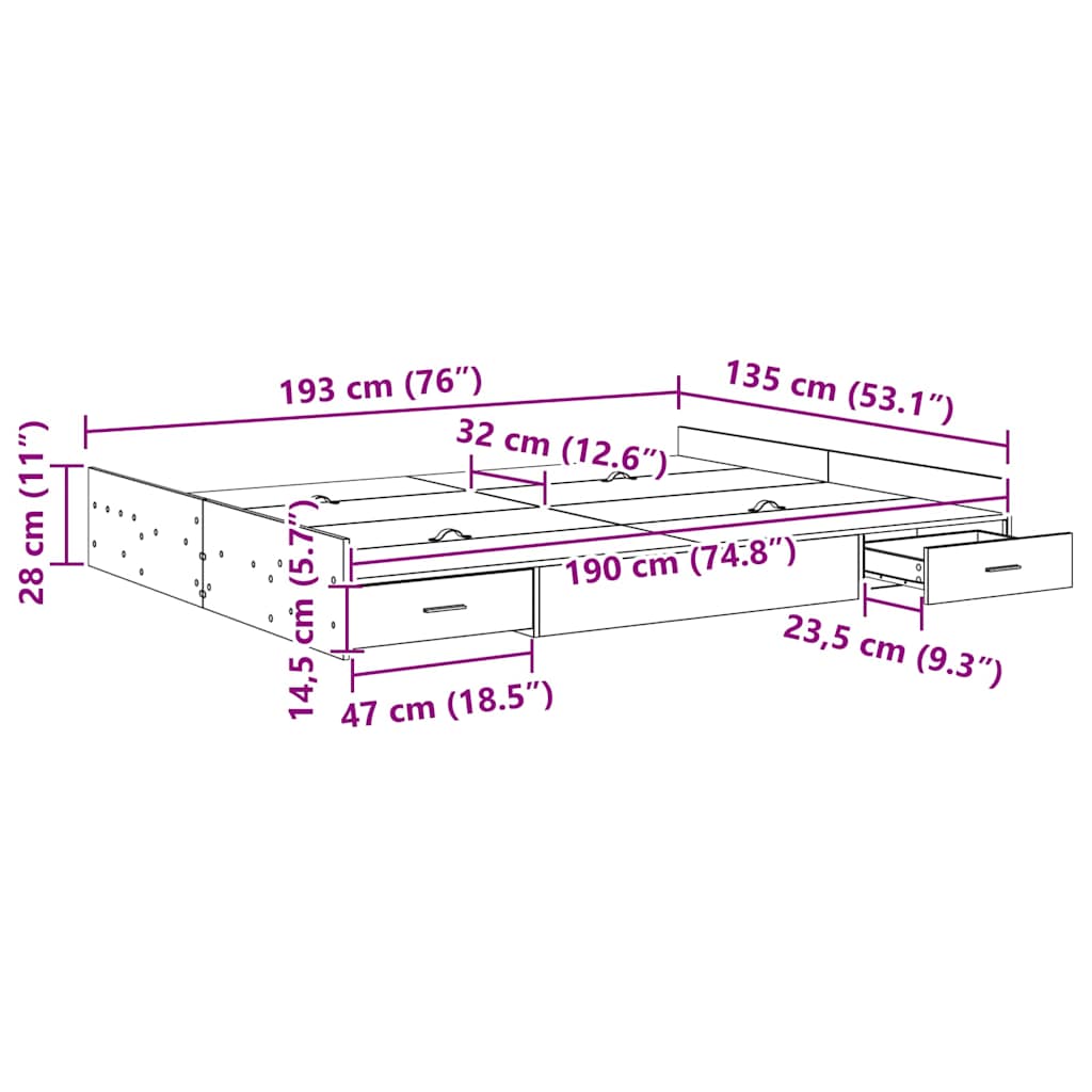 Krevet s ladicama Sonoma hrast 135 x 190 cm Konstruirano drvo