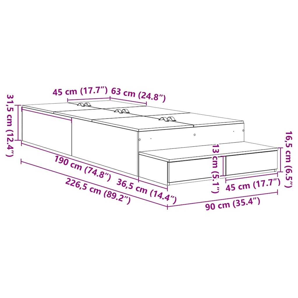 Krevet s ladicama s ladicama Crni hrast 90 cm Konstruirano drvo